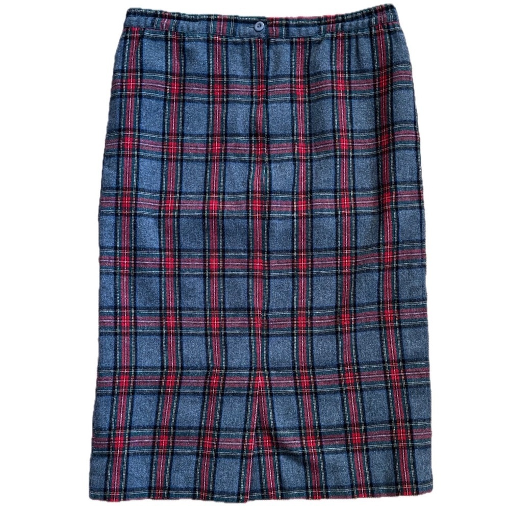 Vintage Gray Plaid Straight Midi Skirt Fits M L Red Green Wool Blend Preppy Xmas - Picture 5 of 6